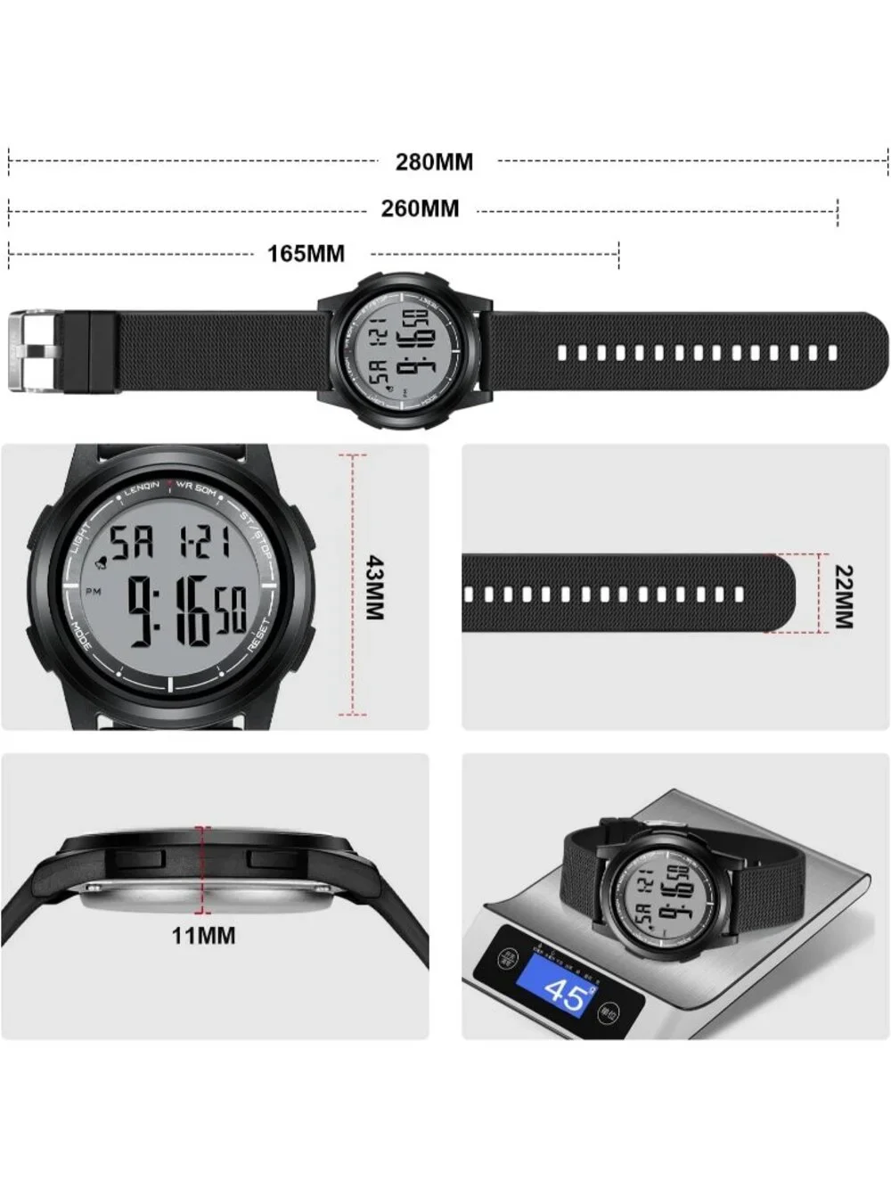 Men's All Black Digital Ultra Thin Sports Waterproof Silicone Band Wrist Watch